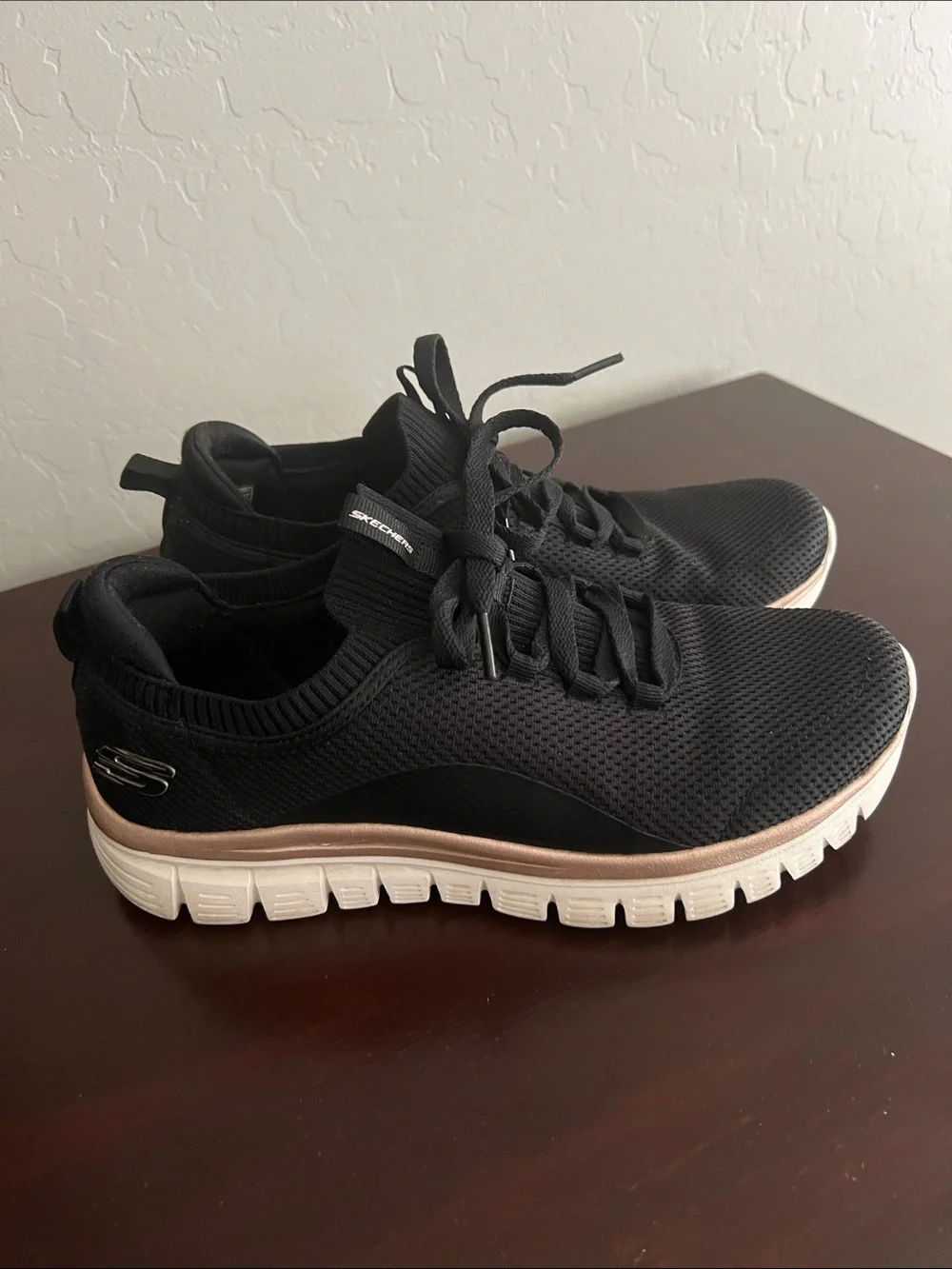 Skechers Black Knit Slip-On Athletic Sneakers with Rose Gold Accent